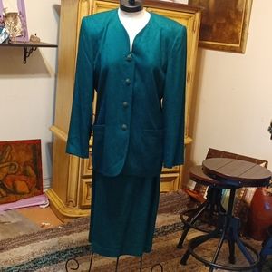 Womens Suit Set JACQUELINE FERRAR Green Skirt Blazer sz 12 Shoulder Pads